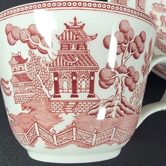 Spode Red Willow Cup and Saucer Set Archive Collection Cranberry Repro England - Picture 11 of 13
